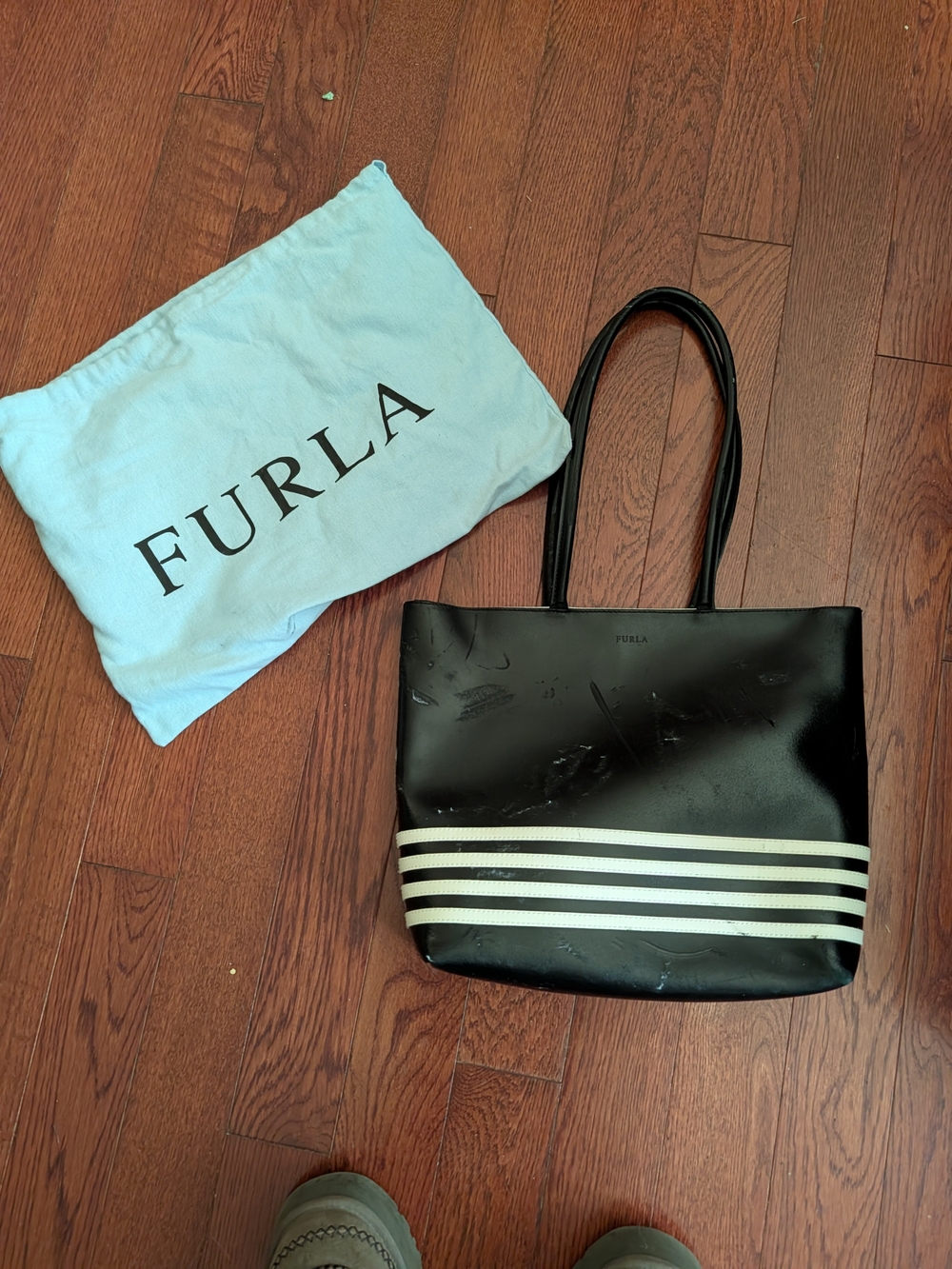 Furla Black Tote Bag with White Stripes
